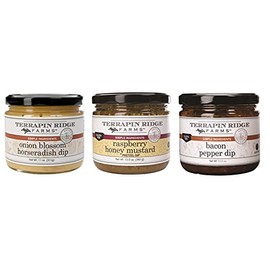 Terrapin Ridge Farms Gourmet Gift Dip Variety Sampler Set for Charcuterie Boards, Meats, Chips, and Cheese – One Jar Each of Raspberry Honey Mustard Pretzel Dip, Onion Blossom Horseradish Dip, and Bacon Pepper Dip (3 Items)