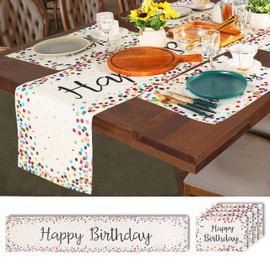 EYAKEG Happy Birthday Table Runner and Placemats Set 72 Inches Table Runner Happy Birthday Sign Table Decorations White Birthday Table Mats Birthday Party Supplies, Set of 5