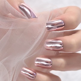 Metallic Mirror Rose Pink Fake Nails Normal Light Pink Ladies Shiny Surface Acrylic Nail Art Tips Several Colors Press On Nail Tips Metal Fingernail Reusable Manicure Pure Color Designed
