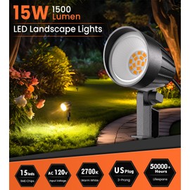 MEIKEE 15W 1500LM Landscape Lighting, 120V 2700K Warm White LED Garden Lights, IP66 Waterproof Outdoor Landscape Spot Lights with US Plug for Wall Tree Fence Yard Path (2 Pack)