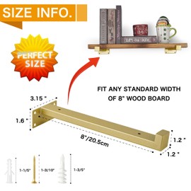 EZYDECOR 6Pcs Floating Shelves Brackets Heavy Duty Wooden Shelf Brackets 8inch Decorative Wall Shelf Brackets & Supports with Lip (Gold) 8"