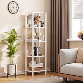 VIMBER 5-Tier Bookshelf with Anti-Fall Baffle, Tall Bookcase for Books, Garage Kit, CDs, Movies, Industrial Standing Bookshelves Storage Organizer for Bedroom Office Living Room White USSJ001W