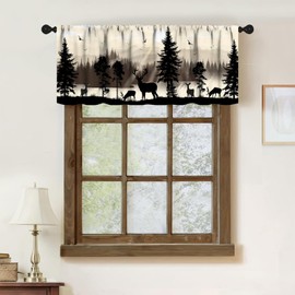 Retro Deer Kitchen Valance,Foggy Forest Mountain Rustic Farmhouse Animal Deer Nature Woodland Lake Scenery Tree Country Drapes for Bathroom Bedroom Living Room 1 Piece,54x18 Inch