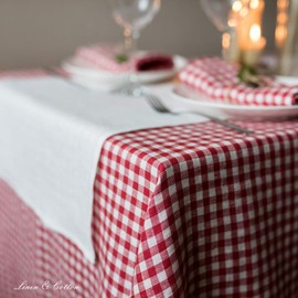 Linen & Cotton Gingham Tablecloth Estella - 100% Linen, White Red (139 x 250 cm) Rustic Country Style Checked Table Linen Cloth Cover Fabric for Home Cottage Restaurant Hotel Summer Spring Easter