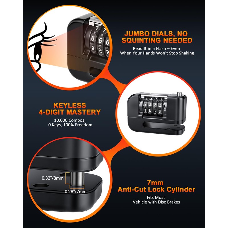 Onvian Motorcycle Disc Brake Lock, 4-Digit Code Locks Anti-Theft Security