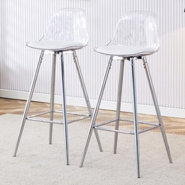 JUFU Transparent Acrylic Bar Stools, Modern Counter Height Bar Chairs with Carbon Steel Legs, Durable and Easy to Clean, Acrylic Kitchen Island Stools for Home, Restaurant (silver-013, Set of 2)