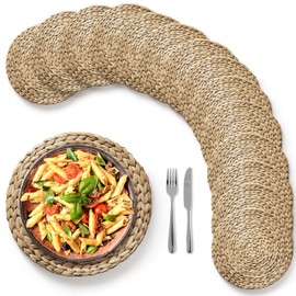 (Sizes:12"-13'') BLUEWEST Woven Placemats (Set of 14), Round Placemats Rattan Placemats, Wicker Water Hyacinth Placemats, Round Braided Placemat Set, Heat Resistant/Anti-Slip for Plate (14'',Set 12)