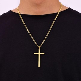 Fiusem Gold Plated Cross Necklace for Men, Stainless Steel Mens Cross Necklaces with 3.5mm Figaro Chain, Big Pendant Chain 20 Inch