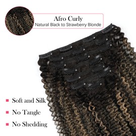 Sassina Afro Curly Clip in Human Hair Extensions for Black Women Natural Black to Strawberry Blonde Remy Clip in Hair Extensions Real Human Hair 12 Inch 7 Pcs with 17 Clips 120 Grams