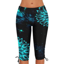 Urchics Womens Plus Size Rash Guard Capris Long Swim Shorts Tankini Bottom Sporty Blue Black Flower XL