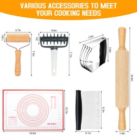 Wooden Rolling Pins for Baking, Small Dough Roller with Handle, Stainless Steel Pastry Blender Set with Pizza Dough Roller Docker, Pastry Cutter, Dough Cutter, Baking Mat, for Home Kitchen Cooking