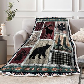 Cabin Throw Blanket, Geometric Lodge Woodland Moose Bear Patchwork Throw Blankets, Rustic Country Antique Deer Multipurpose Soft Cozy Warm Fleece Flannel Throws Bed Couch Travel Decor, 50X60