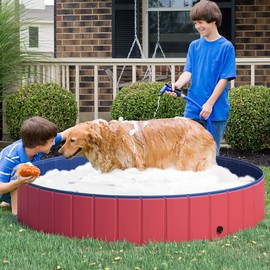 PawHut Pet Swimming Pool Dog Bathing Tub 12" x 63" All-Purpose Collapsible PVC Red / Dark Blue