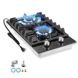 Amzgachfktch Gas Cooktop 2 Burner Propane Cooktop, 12 Inch Gas Stove Top with Thermocouple Protection, LPG/NG Dual Fuel Built-in Tempered Glass Gas Stove for Apartment, Indoor, RV