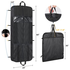 Univivi Long Dress Bag, 60 inch Dress Cover with 5 Zip Pockets and PVC Transparent Window, Waterproof Foldable Garment Bag for Women for Travel with Adjustable Handles, for Wedding and Feast, Black