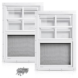2Pack White Flush Mount Shed Window with Tempered Glass and Screen Household Windows Sliding Windows with Vertical Slider and Screws for Shed, Chicken Coop, Playhouse, Household, Garage (12'' x 18'')