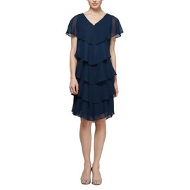 S.L. Fashions Women's Short Sleeve Tiered Chiffon Cocktail Dress, Wedding Guest Gown (Petite and Regular Sizes), New Navy, 14P