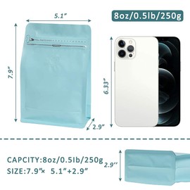REMTAP Coffee Bags with Valve(50pcs,8oz) Blue High Barrier Aluminumed Foil Flat Bottom Standing Coffee Beans Storage Bags,Reusable Heat Sealable Side Zipper Pouches for Home or Store