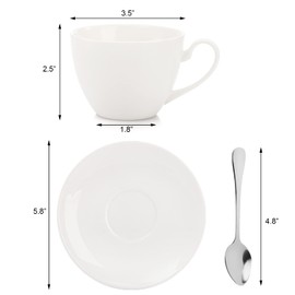 Foraineam Espresso Cups with Saucers and Spoons, 6 oz White Tea Cup Set, Porcelain Coffee Cup and Saucer Set with Stainless Steel Spoon for Specialty Coffee Drinks, Latte, Cafe Mocha and Tea, Set of 6