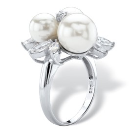 PalmBeach Yellow Gold-Plated or Platinum-Plated Sterling Silver Round Bead Simulated Pearl and Cubic Zirconia Ring Size 7