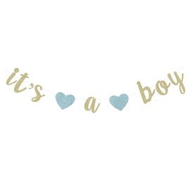 Glitter It's a Boy Banner for Baby Shower Gender Reveal Party Decoration Baby Boy 1st 6 Months Birthday with Blue Heart - Gold