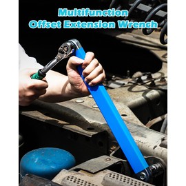Dromco Offset Extension Wrench, 15Inch Zero Degree Ratchet Tight Reach Wrench Extender, Socket Wrench Tool with Square Drive Adapters (1/2", 1/4", 3/8"), Universal Extensions Wrench for Small Place