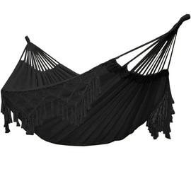 YFUG GO Double Sized Boho Macrame Black Hammock with Elegant Tassels and Fishtail Knitting 485Lbs Includes Tie Ropes and Black Drawstring Bag for Women