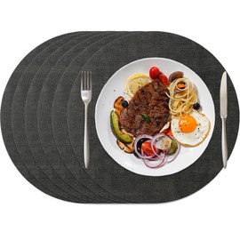 HNVNER Placemats Round Black Leather Set of 6 Washable Place Mats 33 x 33 cm Place Mats Double-Sided Heat Resistant Non-Slip Leather Look Faux Leather Place Mats