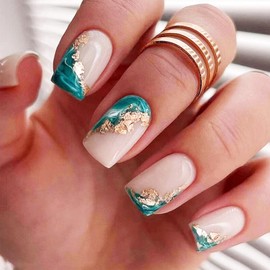 24Pcs Dark Green Gradient Press on Nails Marble Medium Square Manicure Art Acrylic Fake Nails Stick on Nails Glossy Gold Glitter False Nails Gel Glue on Nails with Gold Foil Design for Women