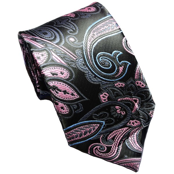 Geotae Zerun New Classic Men's Paisley Silk Tie Necktie, Black/Pink,