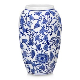 Blue and White Vase 8.5 Inch Traditional Chinoiserie Floral Vase Porcelain Ginger Jar Octagonal Vase Blue and White Porcelain Decor for Home, Living Room, Kitchen, Mantel, Shelf, Table
