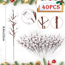 Rowfad 40 Pcs Artificial Berry Stems Branches, Christmas White Faux Holly Berries Picks Ornaments for Christmas Tree Wreath DIY Craft Decorations Holiday Home Decor (40, White)