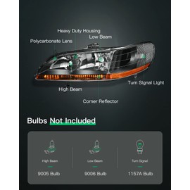 LSAILON Headlight Assembly Replacement Fit 1998-2002 For Honda Accord Black Housing Amber Reflector Driver and Passenger Side