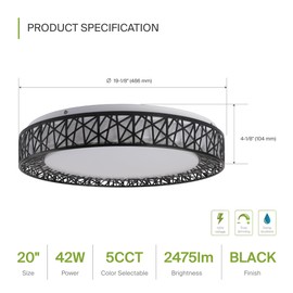 ASD 20 Inch LED Flush Mount Ceiling Light - Modern Matte Black Ceiling Light Fixture 42W 2475LM, 2700-5000K Adjustable Large Ceiling Lights for Kitchen, Bedroom, Hallway, Closet, ETL 2 Pack