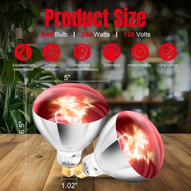 Zenhagu 250W R40 Red Heat Lamp Bulbs (4-Pack), Infrared Heat Bulbs, Infrared Therapy Bulbs for Bathroom, Sauna, Pets & Chickens, 2,000 Hour Rated, E26 Base