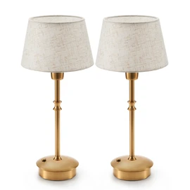 UMEXUS Small Cordless Lamp Rechargeable Table Lamps Set of 2, Dimmable Battery Operated Lights, Portable Accent Light for Side Table Restaurant Dining Outdoor, Beige Fabric Shade, Antique Brass