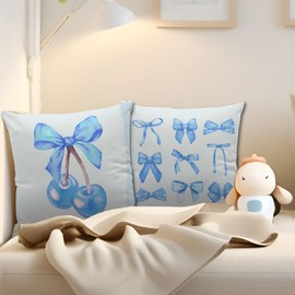 Nvotell Coquette Blue Bow Cherry Decorative Pillow Covers Set of 2 - Preppy Cherry Bow Couch Pillow Cases 18x18, Cherry Room Dorm Decor for Girls, Light Blue Pillow Covers for Sofa Bed