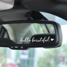 2 x Hello Beautiful Rearview Mirror Decal with Heart, Tumbler Vinyl Stickers, Travel Mug Sticker, Rearview Mirror Sticker, Affirmation Sticker (White)