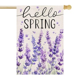 OPULANE Hello Spring House Flag Lavender 28x40 Inch Double Sided Outside Large Burlap Flag for Seasonal Yard Outdoor Decoration