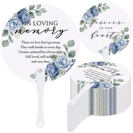 Teling 100 Pcs Funeral Favors Round Fans Bulk Plastic Handheld Remember Me Hand Held Parlor Fans with Handle Hand for Funeral Services Condolence Sympathy Gift(Blue Flower)