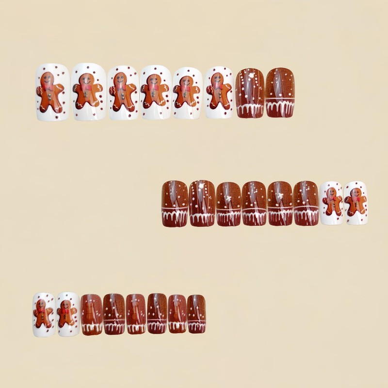 Christmas Press On Nails Square Short Fake Nails Brown Acrylic