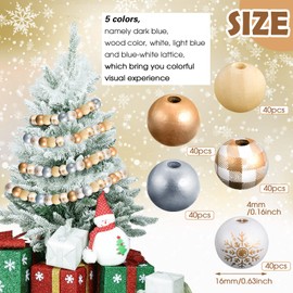 Canlierr 200 Pieces Christmas Wood Beads Craft Plaid Beads Good Luck Clover Round Rustic Farmhouse Wooden Beads for Xmas DIY Bead Garland Home Party Decor