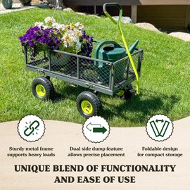 Yard Tuff 3-in-1 Dual Side Dump Wagon with Fold-Down Sides for Outdoor Garden, and Lawn with Pneumatic Tires and Heavy Duty Steel, 20 x 38 Inch