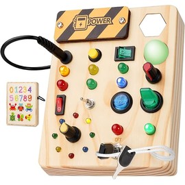 Montessori Busy Board Toys: Wooden Sensory Toy for Toddler with LED Light Up Switch, Educational/Christmas/Birthday Gifts for 1-3 Year Old Boys & Girls