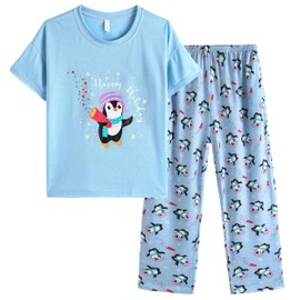 Vopmocld Big Girls' Short Sleeve Long Pants Pajama Sets 2PCS Cartoon Pattern & Letters Printed Sleepwear Lounge for Teens, Penguin, 10