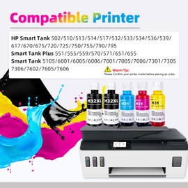 EXCERCUS Ink Bottle 31 32XL 32 XL Compatible with HP Smart Tank 7301 6001 7602 5101 7001 551 555 651 455 457 450 Printers (2 135ML 32XL Black Ink, 70ML 31 Color Ink)