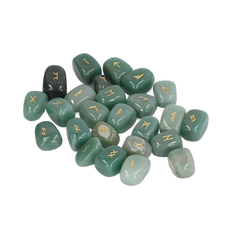 25pcs Rune Stones Set Hand Carved Polished Green Aventurine Portable