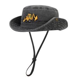 QKURT Boys Sun Hat with Sun Protection Summer Adjustable Detachable Neck Strap Cowboy Cap Bucket Hat with Excavator Pattern for Kids 2-4 Years, black, 2 - 4 years