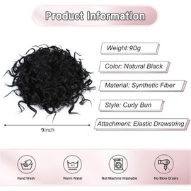 PORSMEER Messy Hair Bun Elastic Drawstring Hair Extensions Curly Wavy Loose Hair Pieces Black for Women Natural Synthetic Hair Bun Ponytail Extension