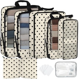 7 Pcs Compression Packing Cubes for Travel, Waterproof Suitcase Luggage Backpack Organizer with Toiletry Bag Travel Essentials for Women/Men-Polka Dots
